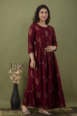 HYTEN Women Printed Anarkali Kurta(Maroon, Gold)