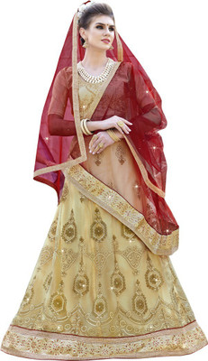 manvaa Embroidered Semi Stitched Lehenga Choli(Red, Beige)