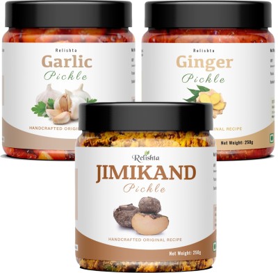 Relishta Jimikand Garlic & Ginger Pickle Suran Ka Achar Combo (3x250G) Less Oil Homemade Mixed Vegetable Pickle(3 x 250 g)