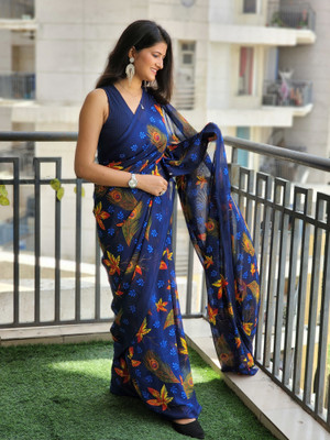 Anand Sarees Floral Print Bollywood Georgette Saree(Blue)