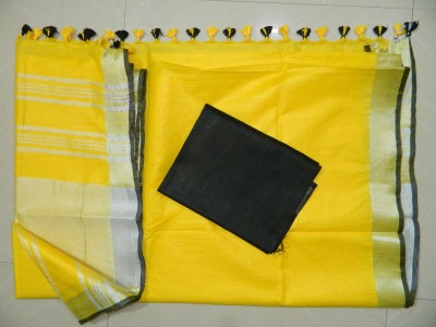 govind handloom Solid/Plain Handloom Cotton Linen Saree(Yellow)