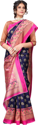 PINK WISH Self Design Mysore Art Silk Saree(Dark Blue)