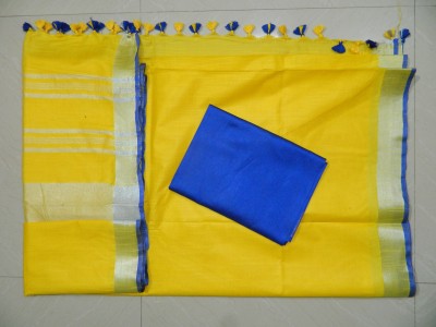 govind handloom Solid/Plain Handloom Cotton Linen Saree(Yellow)