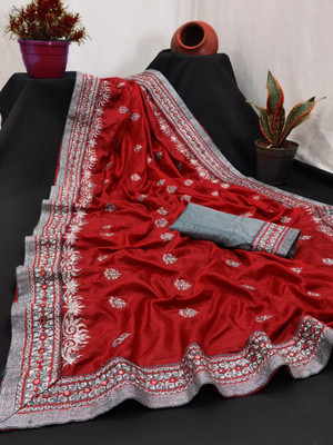 Semizoxis Embroidered, Embellished Bollywood Net, Art Silk Saree(Silver, Red)