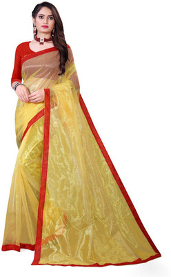 Kalpana creation Solid/Plain Bollywood Net Saree(Gold)