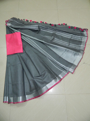 govind handloom Solid/Plain Handloom Cotton Linen Saree(Grey)