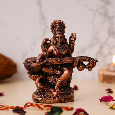 WEBELKART Premium Goddess Saraswati Playing Veena God Idol for Home/Office Decorative Showpiece  -  17 cm(Polyresin, Copper)