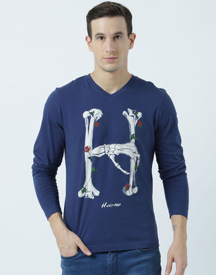 HUETRAP Graphic Print Men V Neck Dark Blue T-Shirt