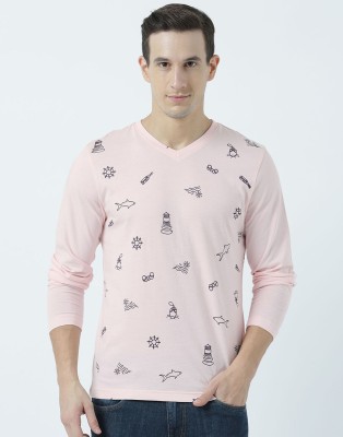 HUETRAP Graphic Print Men V Neck Pink T-Shirt