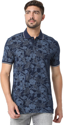 MUFTI Printed Men Polo Neck Dark Blue T-Shirt