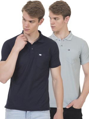 Mountain Colours Solid Men Polo Neck Grey, Navy Blue T-Shirt
