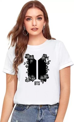 bts tees Girls Printed Polyester T Shirt(White, Pack of 1)
