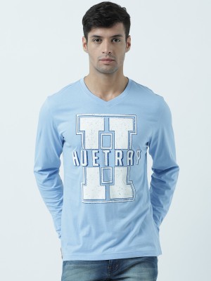 HUETRAP Typography Men V Neck Light Blue T-Shirt