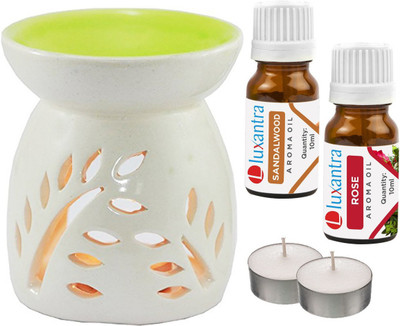 Luxantra Rose Aroma Oil with Ceramic Tlight Diffuser Air Freshener Aroma, Sandalwood Diffuser Set LX -SW-RS-2TL(5 x 4 ml)