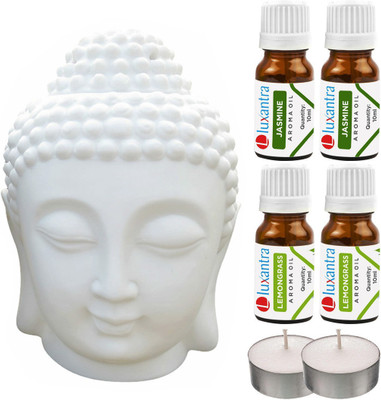Luxantra Lemongrass Tlight Buddha Head Air Freshener, Jasmine Diffuser Set LX-TBUDDHA-2TL-2JAS-2LG(7 x 5.71 ml)