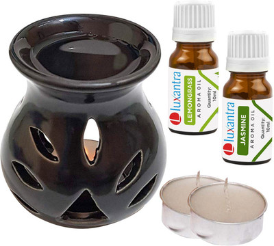 Luxantra Jasmine Tlight Ceramic Air Freshener Black, Lemongrass Diffuser Set LX-CerDiff_2TL_LG-JAS_Black(5 x 4 ml)