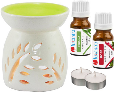 Luxantra Mogra, Rose Aroma Oil with Ceramic Tlight Diffuser Air Freshener Aroma Diffuser Set LX -MOG-RS-2TL(5 x 4 ml)