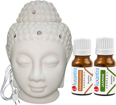 Luxantra Jasmine Electric Ceramic Buddha Head Aroma Oil Air Freshener with Aroma, Sandalwood Diffuser Set LX-EBUDDHA130-SW-JAS(3 x 6.67 ml)