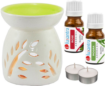 Luxantra Rose, Mogra Aroma Oil with Ceramic Tlight Diffuser Air Freshener Aroma Diffuser Set LX -RS-MOG-2TL(5 x 4 ml)