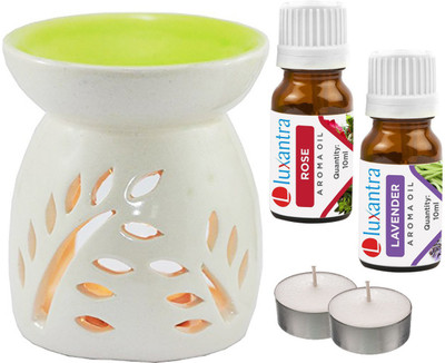 Luxantra Rose, Lavender Aroma Oil with Ceramic Tlight Diffuser Air Freshener Aroma Diffuser Set LX -RS-LV-2TL(5 x 4 ml)