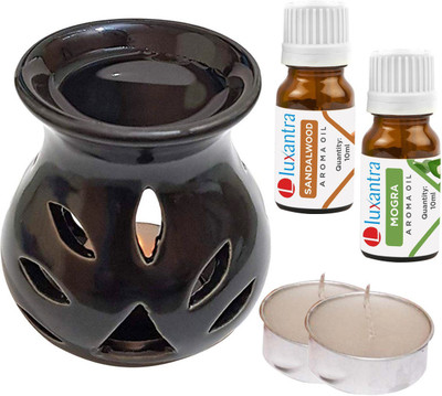 Luxantra Sandalwood Mogra Tlight Ceramic Air Freshener Black Diffuser Set LX-CerDiff_2TL_SW-MOG_Black(5 x 4 ml)