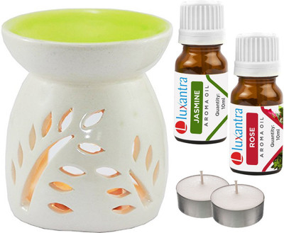 Luxantra Rose Aroma Oil with Ceramic Tlight Diffuser Air Freshener Aroma, Jasmine Diffuser Set LX -JAS-RS-2TL(5 x 4 ml)