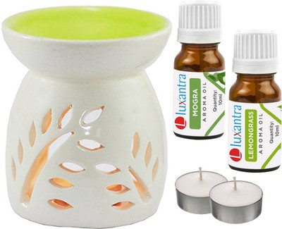 Luxantra Mogra, Lemongrass Aroma Oil with Ceramic Tlight Diffuser Air Freshener Aroma Diffuser Set LX -MOG-LG-2TL(5 x 4 ml)
