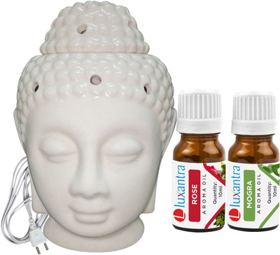 Luxantra Rose, Mogra Electric Ceramic Buddha Head Aroma Oil Air Freshener with Aroma Diffuser Set LX-EBUDDHA130-RS-MOG(3 x 6.67 ml)