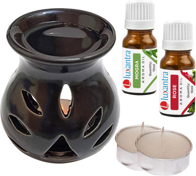 Luxantra Mogra, Rose Tlight Ceramic Air Freshener Black Diffuser Set LX-CerDiff_2TL_MOG-RS_Black(5 x 4 ml)
