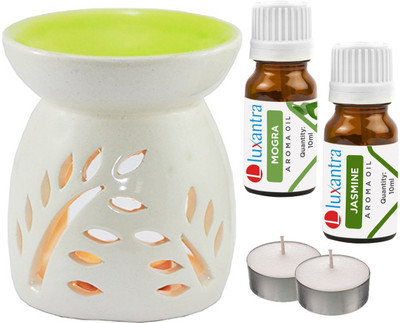 Luxantra Mogra, Jasmine Aroma Oil with Ceramic Tlight Diffuser Air Freshener Aroma Diffuser Set LX -MOG-JAS-2TL(5 x 4 ml)
