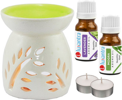 Luxantra Lavender, Mogra Aroma Oil with Ceramic Tlight Diffuser Air Freshener Aroma Diffuser Set LX -LV-MOG-2TL(5 x 4 ml)