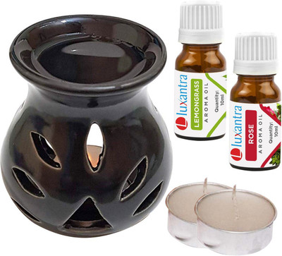 Luxantra Rose Tlight Ceramic Air Freshener Black, Lemongrass Diffuser Set LX-CerDiff_2TL_LG-RS_Black(5 x 4 ml)