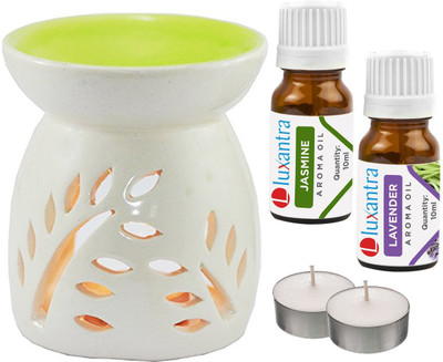 Luxantra Jasmine, Lavender Aroma Oil with Ceramic Tlight Diffuser Air Freshener Aroma Diffuser Set LX -JAS-LV-2TL(5 x 4 ml)