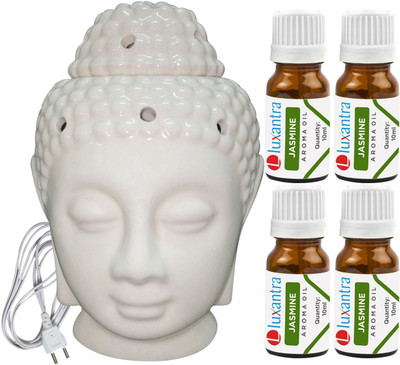 Luxantra Jasmine Electric Ceramic Buddha Head Aroma Oil Air Freshener with Aroma Diffuser Set LX-EBUDDHA130-4JAS(5 x 8 ml)
