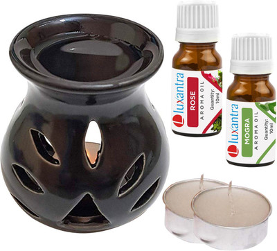 Luxantra Rose, Mogra Tlight Ceramic Air Freshener Black Diffuser Set LX-CerDiff_2TL_RS-MOG_Black(5 x 4 ml)