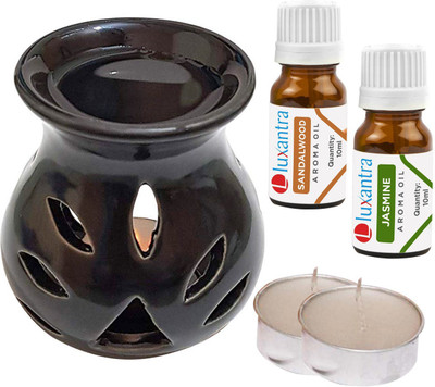 Luxantra Jasmine Tlight Ceramic Air Freshener Black, Sandalwood Diffuser Set LX-CerDiff_2TL_SW-JAS_Black(5 x 4 ml)