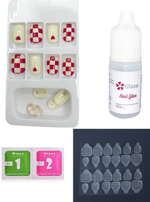 GLAZU Designer Press On Artificial Nail Almond/ Squoval with 1 Glue Kit Multicolor(Pack of 12)
