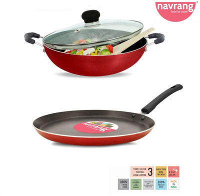 NAVRANG Induction Bottom Non-Stick Coated Cookware Set(Aluminium, PTFE (Non-stick), 3 - Piece)