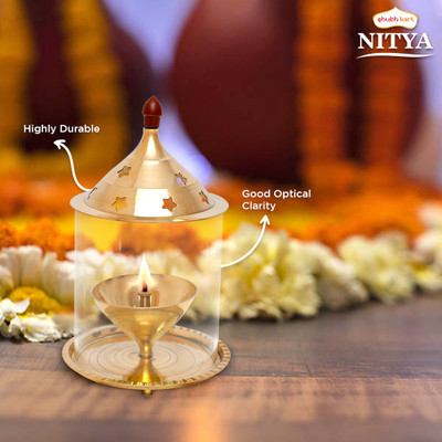 Shubhkart Nitya Akhand Jyot Aaradhya with Borosilicate Glass - Medium Brass Table Diya(Height: 7 inch)