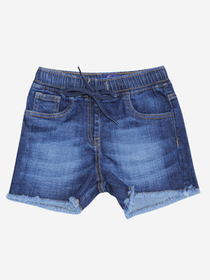 KiddoPanti Short For Girls Casual Dyed/Washed Denim(Dark Blue, Pack of 1)