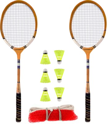 CLOVERBYTE Wooden Badminton kit Set Of 2 Piece Racquet with 6 Piece Plastic Shuttle Cock and 1 Net Badminton Kit
