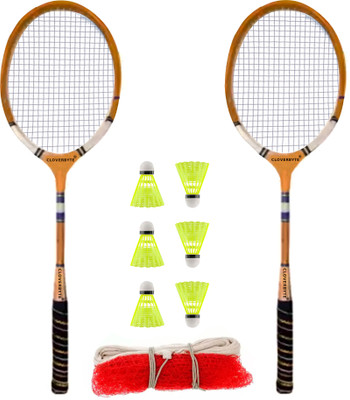 CLOVERBYTE Wooden Badminton kit Set Of 2 Piece Racquet with 6 Piece Plastic Shuttle Cock and 1 Net Badminton Kit