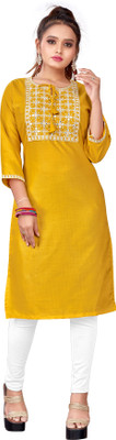 Arozi Women Embroidered Straight Kurta(Yellow)