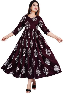 AUTHWA Women Printed Anarkali Kurta(Maroon)