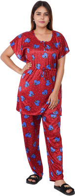 RILO Women Self Design Maroon Top & Pyjama Set