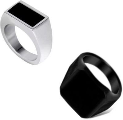 Bellina Stainless steel Alloy Silver And Black Plated Ring For Boys And Men (Pack Of 2) Alloy Ring Set