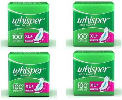 Whisper Ultra Clean Sanitary Pads for Women, XL+ 15+15+15+15Napkins Sanitary Pad (Pack of 4)