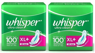 Whisper Ultra Clean Sanitary Pads for Women, XL+ 15+15 Napkins Sanitary Pad (Pack of 2)