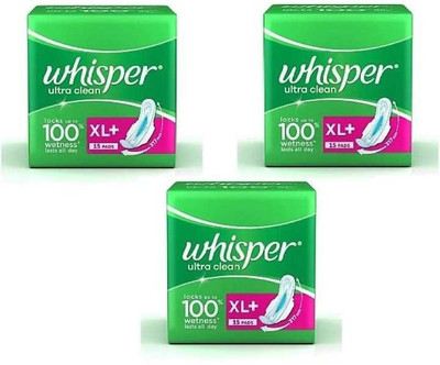 Whisper Ultra Clean Sanitary Pads for Women, XL+ 15+15+15 Napkins Sanitary Pad (Pack of 3)