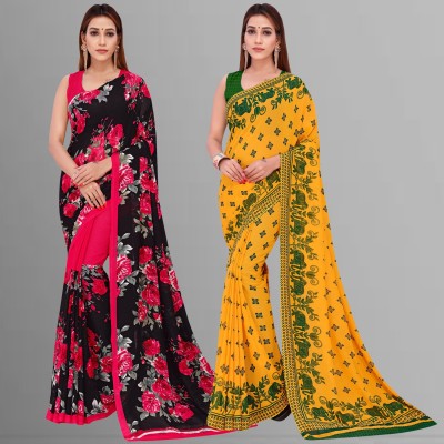 Anand Sarees Floral Print Daily Wear Georgette Saree(Pack of 2, Green, Pink, Black, Yellow)